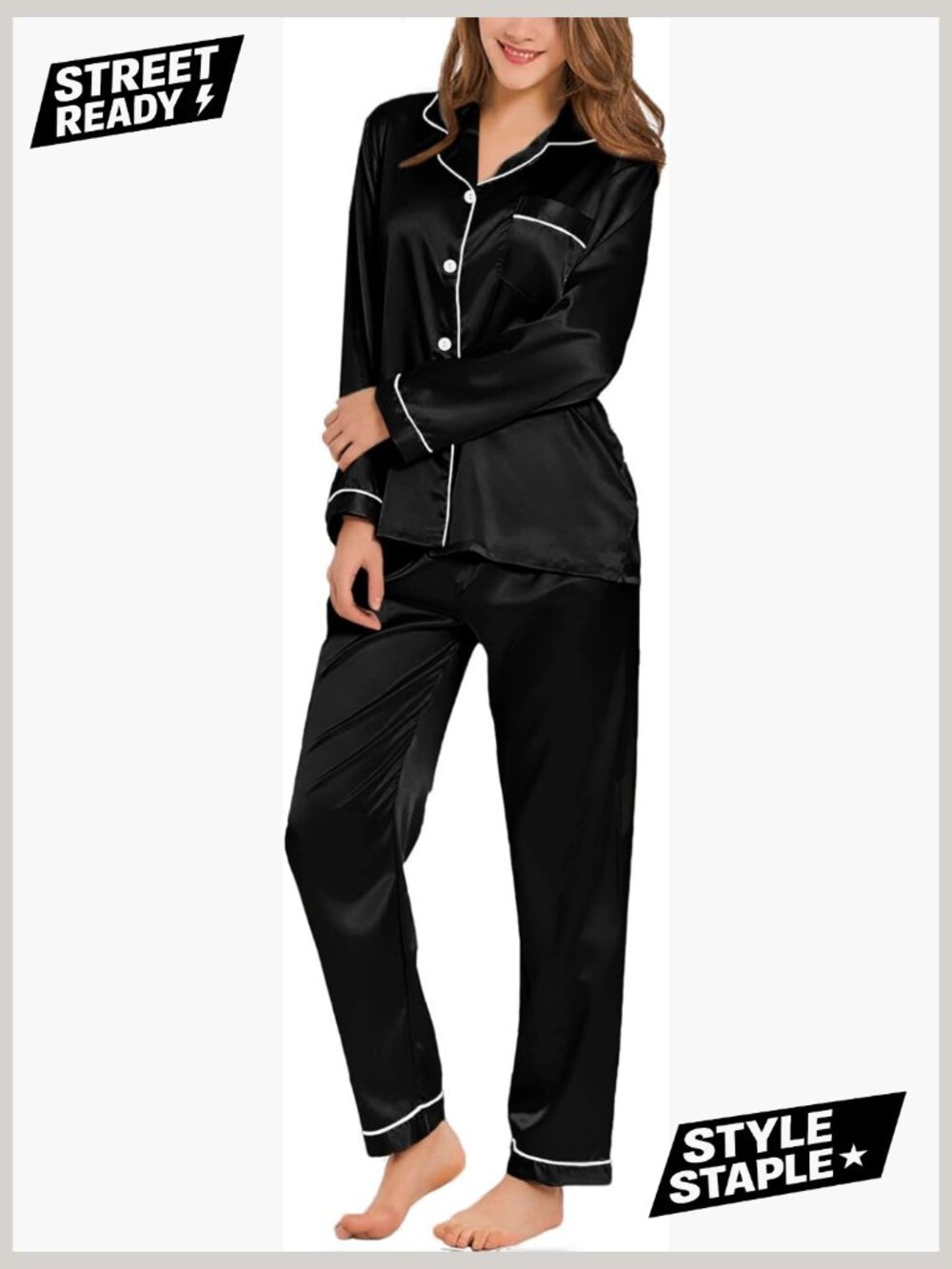 Silk Satin Pajama Set Long Sleeve Button Down Sleepwear 2 Piece Lounge Set - Picture 1 of 7